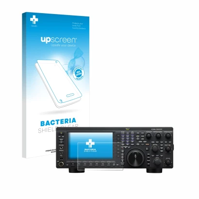 Parte frontal de un envase de producto con el logotipo de la marca upscreen. Al lado se muestra el dispositivo Kenwood TS-890S