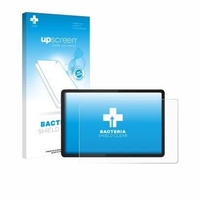 Parte frontal de un envase de producto con el logotipo de la marca upscreen. Al lado se muestra el dispositivo Lenovo Tab M11