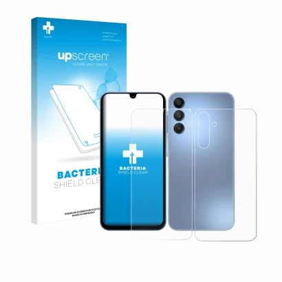 Parte frontal de un envase de producto con el logotipo de la marca upscreen. Al lado se muestra el dispositivo Samsung Galaxy 