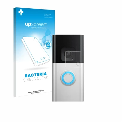 Parte frontal de un envase de producto con el logotipo de la marca upscreen. Al lado se muestra el dispositivo Ring Video Door