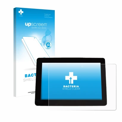 Parte frontal de un envase de producto con el logotipo de la marca upscreen. Al lado se muestra el dispositivo Trimble XCN 105