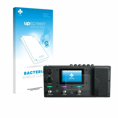Parte frontal de un envase de producto con el logotipo de la marca upscreen. Al lado se muestra el dispositivo Headrush MX5 co