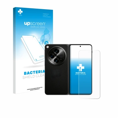 Parte frontal de un envase de producto con el logotipo de la marca upscreen. Al lado se muestra el dispositivo OnePlus Open (c