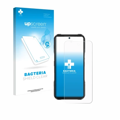 Parte frontal de un envase de producto con el logotipo de la marca upscreen. Al lado se muestra el dispositivo Doogee V20S con