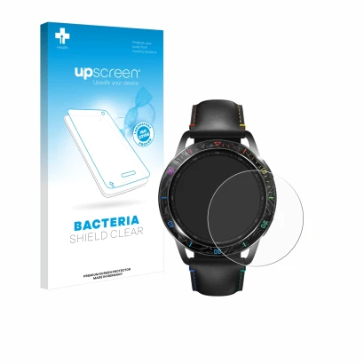 Parte frontal de un envase de producto con el logotipo de la marca upscreen. Al lado se muestra el dispositivo Xiaomi Watch S3