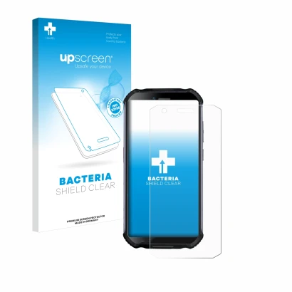 Parte frontal de un envase de producto con el logotipo de la marca upscreen. Al lado se muestra el dispositivo Doogee S41 Plus