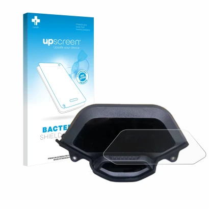 Parte frontal de un envase de producto con el logotipo de la marca upscreen. Al lado se muestra el dispositivo Segway Ninebot