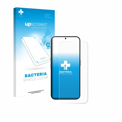 Parte frontal de un envase de producto con el logotipo de la marca upscreen. Al lado se muestra el dispositivo Nothing Phone (