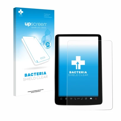 Parte frontal de un envase de producto con el logotipo de la marca upscreen. Al lado se muestra el dispositivo Volvo EX30 12.3