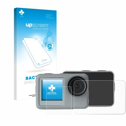 Parte frontal de un envase de producto con el logotipo de la marca upscreen. Al lado se muestra el dispositivo Rollei Actionca