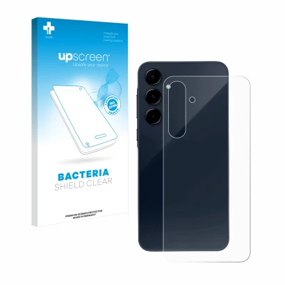 Parte frontal de un envase de producto con el logotipo de la marca upscreen. Al lado se muestra el dispositivo Samsung Galaxy 