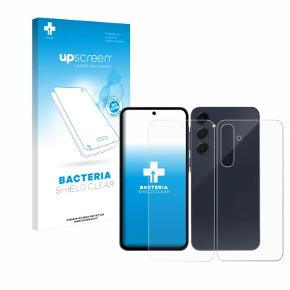 Parte frontal de un envase de producto con el logotipo de la marca upscreen. Al lado se muestra el dispositivo Samsung Galaxy 