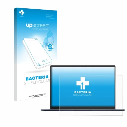 Parte frontal de un envase de producto con el logotipo de la marca upscreen. Al lado se muestra el dispositivo ASUS ZenBook 14