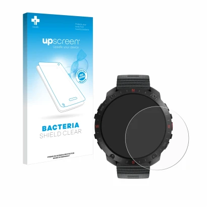 Parte frontal de un envase de producto con el logotipo de la marca upscreen. Al lado se muestra el dispositivo Polar Grit X2 P