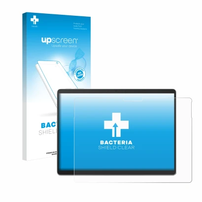 Parte frontal de un envase de producto con el logotipo de la marca upscreen. Al lado se muestra el dispositivo Microsoft Surfa