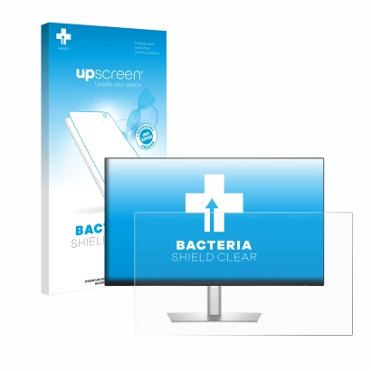 Parte frontal de un envase de producto con el logotipo de la marca upscreen. Al lado se muestra el dispositivo Dell Profession