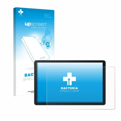 Parte frontal de un envase de producto con el logotipo de la marca upscreen. Al lado se muestra el dispositivo Blackview Mega 