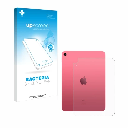 Parte frontal de un envase de producto con el logotipo de la marca upscreen. Al lado se muestra el dispositivo Apple iPad 10.9