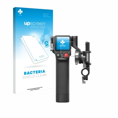 Parte frontal de un envase de producto con el logotipo de la marca upscreen. Al lado se muestra el dispositivo DJI Focus Pro-