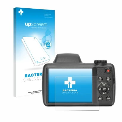 Parte frontal de un envase de producto con el logotipo de la marca upscreen. Al lado se muestra el dispositivo Kodak Pixpro AZ