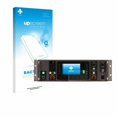 Parte frontal de un envase de producto con el logotipo de la marca upscreen. Al lado se muestra el dispositivo Behringer X32 R