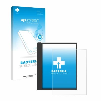 Parte frontal de un envase de producto con el logotipo de la marca upscreen. Al lado se muestra el dispositivo PocketBook InkP