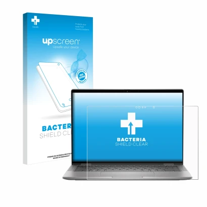 Parte frontal de un envase de producto con el logotipo de la marca upscreen. Al lado se muestra el dispositivo Dell Latitude 7