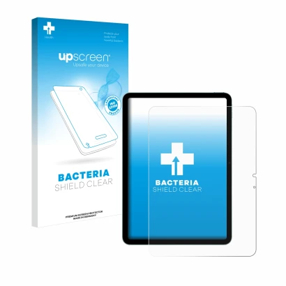 Parte frontal de un envase de producto con el logotipo de la marca upscreen. Al lado se muestra el dispositivo Apple iPad Air 