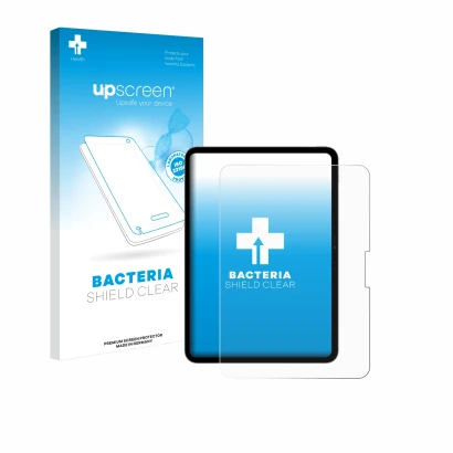 Parte frontal de un envase de producto con el logotipo de la marca upscreen. Al lado se muestra el dispositivo Apple iPad Pro 