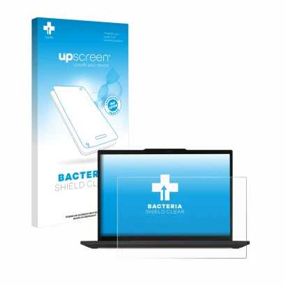 Parte frontal de un envase de producto con el logotipo de la marca upscreen. Al lado se muestra el dispositivo Lenovo ThinkPad