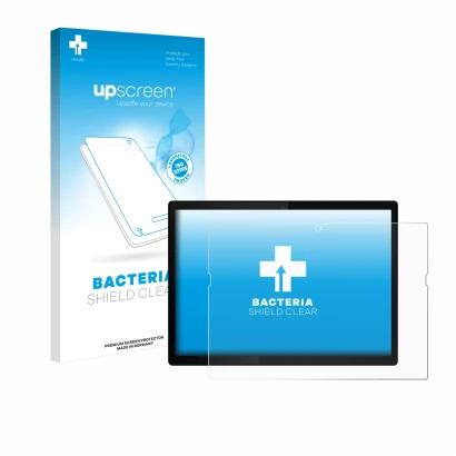 Parte frontal de un envase de producto con el logotipo de la marca upscreen. Al lado se muestra el dispositivo Lenovo ThinkPad