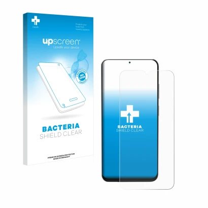 Parte frontal de un envase de producto con el logotipo de la marca upscreen. Al lado se muestra el dispositivo Doogee N55 Pro