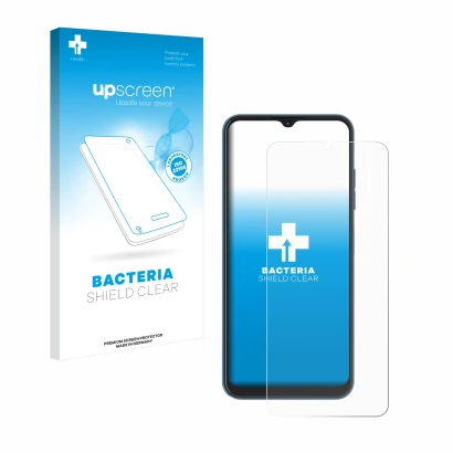 Parte frontal de un envase de producto con el logotipo de la marca upscreen. Al lado se muestra el dispositivo Hotwav Note 13 