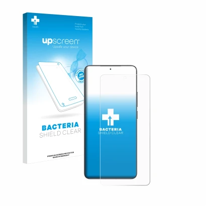 Parte frontal de un envase de producto con el logotipo de la marca upscreen. Al lado se muestra el dispositivo Xiaomi Poco F6