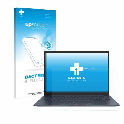 Parte frontal de un envase de producto con el logotipo de la marca upscreen. Al lado se muestra el dispositivo ASUS ZenBook 14