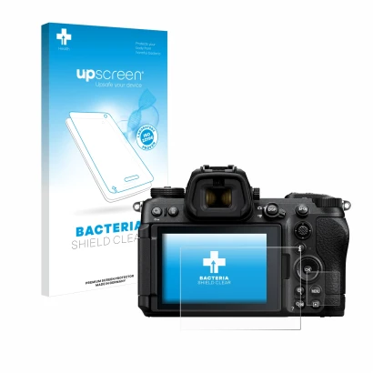 Parte frontal de un envase de producto con el logotipo de la marca upscreen. Al lado se muestra el dispositivo Nikon Z6 III co