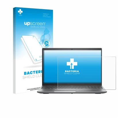 Parte frontal de un envase de producto con el logotipo de la marca upscreen. Al lado se muestra el dispositivo Dell Precision