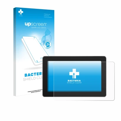 Parte frontal de un envase de producto con el logotipo de la marca upscreen. Al lado se muestra el dispositivo SmallHD Indie 5