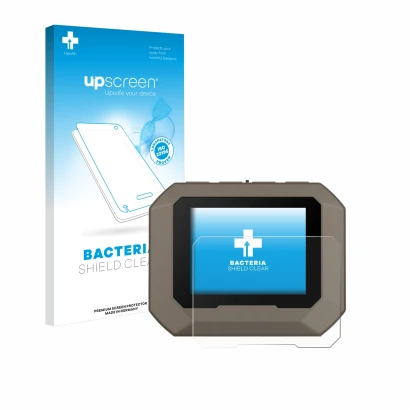 Parte frontal de un envase de producto con el logotipo de la marca upscreen. Al lado se muestra el dispositivo Garmin Xero C1