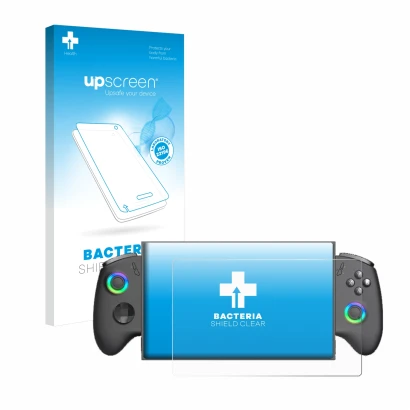 Parte frontal de un envase de producto con el logotipo de la marca upscreen. Al lado se muestra el dispositivo OneXPlayer X1 M