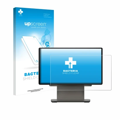 Parte frontal de un envase de producto con el logotipo de la marca upscreen. Al lado se muestra el dispositivo Sunmi D3 PRO co