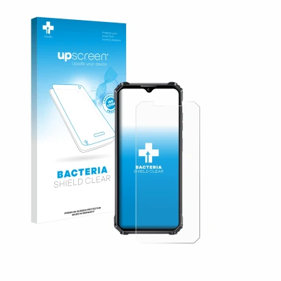 Parte frontal de un envase de producto con el logotipo de la marca upscreen. Al lado se muestra el dispositivo Oukitel WP28 S