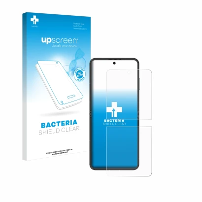 Parte frontal de un envase de producto con el logotipo de la marca upscreen. Al lado se muestra el dispositivo Nubia Flip 5G c