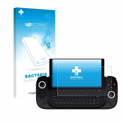 Parte frontal de un envase de producto con el logotipo de la marca upscreen. Al lado se muestra el dispositivo Ayaneo Slide co