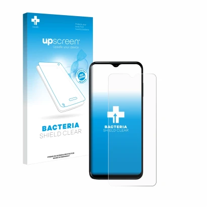 Parte frontal de un envase de producto con el logotipo de la marca upscreen. Al lado se muestra el dispositivo Nokia G60 5G co