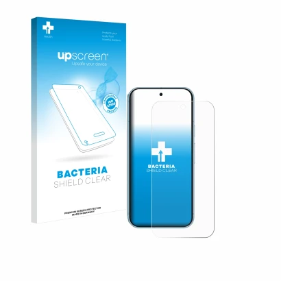 Parte frontal de un envase de producto con el logotipo de la marca upscreen. Al lado se muestra el dispositivo Google Pixel 9