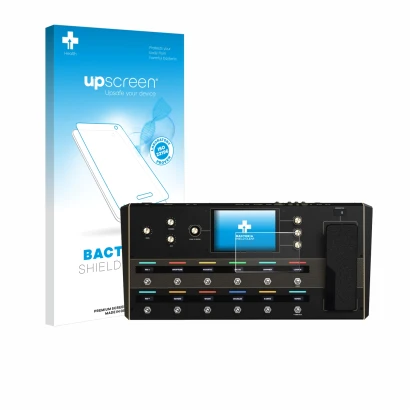 Parte frontal de un envase de producto con el logotipo de la marca upscreen. Al lado se muestra el dispositivo Headrush Prime 