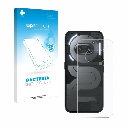 Parte frontal de un envase de producto con el logotipo de la marca upscreen. Al lado se muestra el dispositivo Nothing Phone (