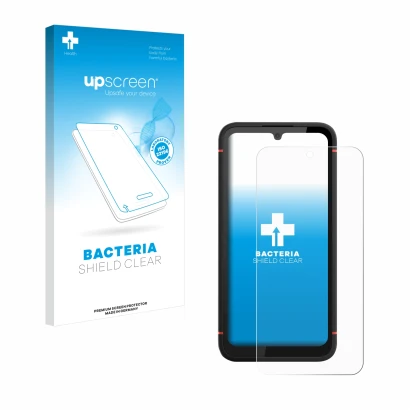 Parte frontal de un envase de producto con el logotipo de la marca upscreen. Al lado se muestra el dispositivo Gigaset GX4 Pro