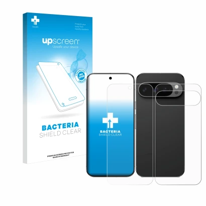 Parte frontal de un envase de producto con el logotipo de la marca upscreen. Al lado se muestra el dispositivo Google Pixel 9 